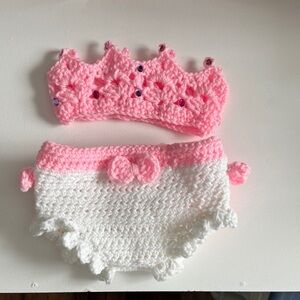 Pink and White Crochet Crown and Diaper Cover Set